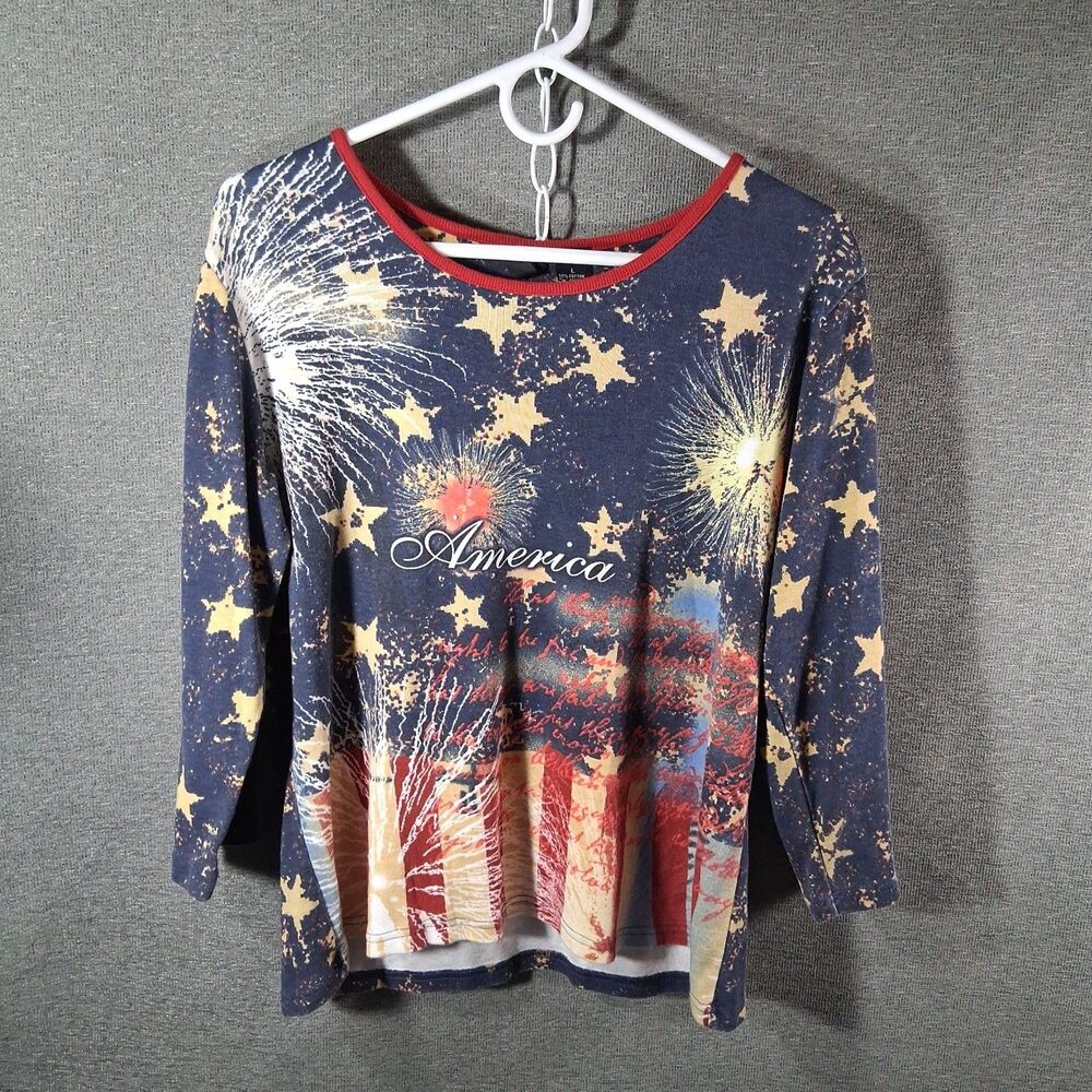 Jason Maxwell Womens Large L Patriotic Fireworks Stars America Top Sparkle Vtg